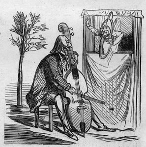 El maestro Offenbach acaparando con su música todos los teatros de París. El compositor alemán naturalizado francés Jacques Offenbach (1819-1880) tocando el violonchelo. Caricatura de Cham. Grabado en 
