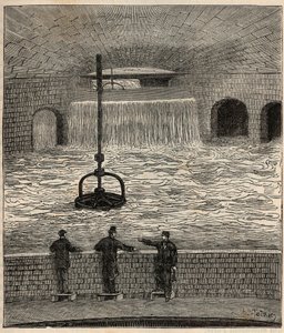 El depósito de Montsouris (depósito de la Vanne), uno de los cinco principales depósitos de agua de París - Grabado en “Ciencias al alcance de todos - Física y química populares” por Alexis Clerc - Finales del siglo XIX - Colección privada de French School