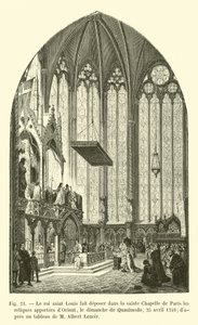 El rey San Luis hace depositar en la Sainte Chapelle de París las reliquias traídas de Oriente, el domingo de Quasimodo, 25 de abril de 1248, según un cuadro de M. Albert Lenoir de French School