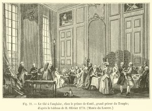 El té a la inglesa, en casa del príncipe de Conti, gran prior del Temple; según el cuadro de B. Olivier 1770, Museo del Louvre