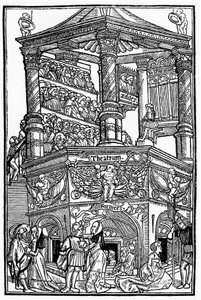 El teatro en la Edad Media: vista de un teatro y el público - por Terencio de Jean Trechsel, ed. en Lyon de French School