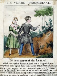 Lección sobre verbos pronominales. En “La gramática en imágenes”, álbum de folletos, circa 1850 de French School
