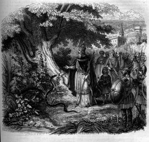 Leyenda de Carlomagno y la serpiente: el emperador frente al nido de la serpiente ocupado por un sapo. Grabado de 1852 de French School