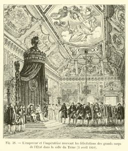 El Emperador y la Emperatriz recibiendo las felicitaciones de los grandes cuerpos del Estado en la sala del Trono, 3 de abril de 1810 de French School