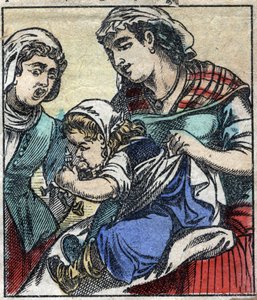 Lemuel Gulliver en el País de los Gigantes de Brobdingnag. Ilustración para "Los viajes de Gulliver" de Jonathan Swift (1667-1745). Imagen de Épinal de finales del siglo XIX. de French School
