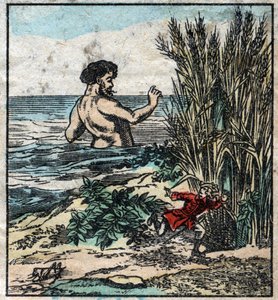 Lemuel Gulliver se esconde de un gigante en Brobdingnag. Ilustración para "Los viajes de Gulliver" de Jonathan Swift (1667-1745). Imagen de Epinal finales del siglo XIX.
