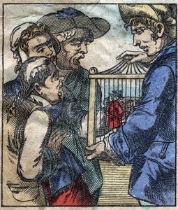 Lemuel Gulliver, en una jaula, es mostrado a los gigantes de Brobdingnag. Ilustración para “Los viajes de Gulliver” de Jonathan Swift (1667-1745). Imagen de Epinal de finales del siglo XIX. de French School