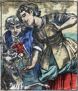 Lemuel Gulliver en la tierra de los gigantes de Brobdingnag. Ilustración para "Los viajes de Gulliver" de Jonathan Swift (1667-1745). Imágenes de Epinal de finales del siglo XIX. de French School