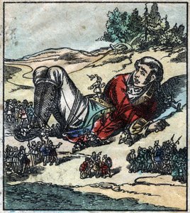 Lemuel Gulliver se despertó después de su naufragio y fue tomado prisionero por los liliputienses. Ilustración para "Los viajes de Gulliver" de Jonathan Swift (1667-1745). Imagen de Epinal finales del siglo XIX. de French School