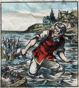 Lemuel Gulliver disparó los barcos del ejército de Blefuscu al puerto capital de Lilliput. Ilustración para "Los viajes de Gulliver" de Jonathan Swift (1667-1745). Imágenes de Epinal de finales del siglo XIX. de French School