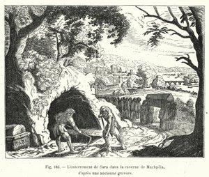 El entierro de Sara en la caverna de Macpela, según una antigua grabado de French School