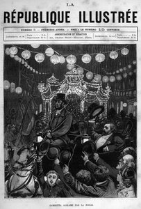 Leon Gambetta (1838-1882) saluda la estatua en la Place de la Republique en París. Un periódico. Grabado de 1880 en "La republique illustree" colección privada. de French School