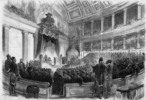 Leopoldo II (1835-1909), Rey de los Belgas, prestó juramento ante los grandes cuerpos del estado en 1865.