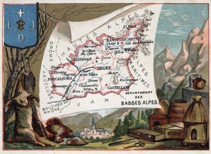 Los Alpes Bajos, hoy departamento de los Alpes de Alta Provenza (04), Francia. Especialidad local: caza, cera, miel, frutas secas y aceite. Serie sobre los Departamentos Franceses. Cromolitografía "el hilo geográfico", circa 1920. Colección privada de French School