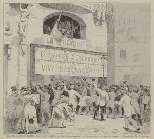 Les Manifestations Boulangistes, Rue Montmartre, La distribution des cocardes (grabado)