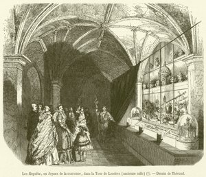 Les Regalia, ou Joyaux de la couronne, dans la Tour de Londres, ancienne salle de French School