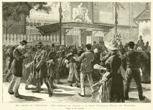 Los alrededores de la Exposición, Los vendedores de boletos en la puerta Tourville, Palacio de las Máquinas, Dibujo de M Guilliod de French School