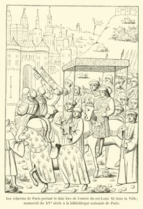 Los concejales de París llevando el dosel durante la entrada del rey Luis XI en la ciudad; manuscrito del siglo XV en la biblioteca nacional de París de French School