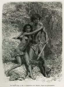 Les fugitives aborigenes, grabado según un dibujo de D.Maillart, para ilustrar el relato Seis meses en Australia, de Desire Charnay, misión asignada por el Ministerio de Instrucción Pública, en 1878, publicado en el tour du monde, bajo la dirección de