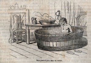 Los gestos del baño - Higiene en el siglo XIX - baño en un cuenco - grabado en "La Santé Universelle - Guía Médica de las Familias" 1852