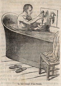 Los gestos del baño - Higiene en el siglo XIX - hombre en una bañera - grabado en “La Salud Universal - Guía Médica de las Familias” 1852