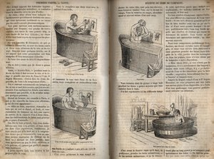Los gestos del baño - Higiene en el siglo XIX - hombre en una bañera - grabado en "La Santé Universelle - Guide Médical des Familles" 1852 de French School