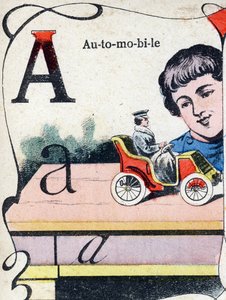 Letra A: Automóvil. Grabado en "ABC des joux pour petits boys". Imágenes de Pont-a-Mousson, Louis Vagne, impresor-editor, finales del siglo XIX. Dim: 32,5x25 cm de French School