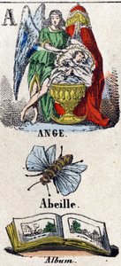 Letra A como Ángel, Abeja y Álbum. Un ángel protector cerca de un niño durmiendo en una cuna. Pequeño alfabeto enciclopédico. Imagen de Epinal, circa 1860 de French School