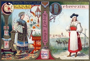 Letra C como Gran Dama China y D como Húngara de Debrecen. Alfabeto de mujeres. Serie de 12 imágenes. Publicidad de Liebig