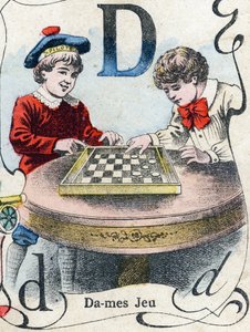 Letra D: Juego de damas. Grabado en "ABC des joux pour petits boys". Imágenes de Pont-a-Mousson, Louis Vagne, impresor-editor, finales del siglo XIX. Dim: 32,5x25 cm de French School