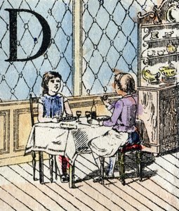 Letra D, niña jugando a la comidita. ABC de las niñas. Imagen de Epinal