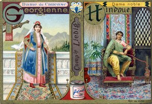 Letra G como Dama del Cáucaso Georgiano y H como Dama Noble Hindú. Alfabeto de mujeres. Serie de 12 imágenes. Publicidad de Liebig