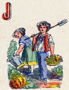 Letra J Jardineros. Grabado en "Alphabet des jeux". Sr. Vagne, editor, Pont-à-Mousson, finales del siglo XIX. Serie rosa. 12 páginas. Álbum que contiene un método de lectura simplificado y un abecedario ilustrado. de French School