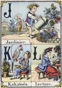 Letras J, K y L: jardinero, cacatúas y lectura. Alfabeto recreativo. Imagen de Epinal, circa 1880