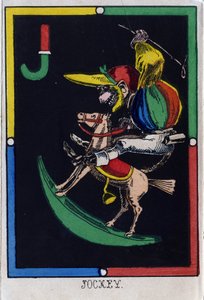 Letra J como jockey (mono en un caballo de balancín). Alfabeto de monos. Grabado en madera. Imágenes de Epinal de French School