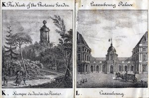 Letra K Quiosco del Jardin des Plantes y L Palais du Luxembourg - "Alphabet Picturesque des Monumens de Paris" c.1840 (grabado)
