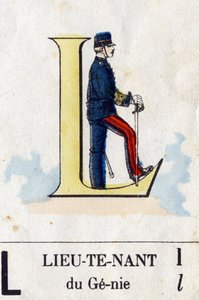 Letra L como teniente. Alfabeto militar. Imágenes de Epinal, circa 1870-1880. Xilografías coloreadas con plantilla de French School