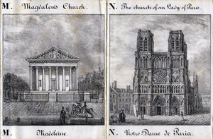 Letra M Madeleine y N Notre-Dame de París - "Alphabet Picturesque des Monumens de Paris" c.1840 (grabado)
