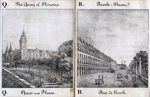 Letra Q y A: El muelle de las flores y la calle de Rivoli - "Alphabet Picturesque des Monumens de Paris" c.1840 (grabado)