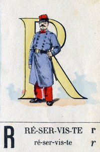 Letra R como reservista. Alfabeto militar. Imágenes de Epinal, circa 1870-1880. Xilografías coloreadas con esténcil de French School
