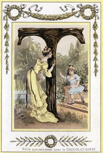 Carta T representando a una madre y su hija jugando al escondite, finales del siglo XIX de French School