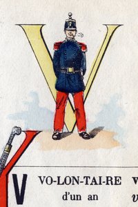 Letra V como voluntario. Alfabeto militar. Imágenes de Epinal, circa 1870-1880. Xilografías coloreadas con plantilla