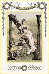Letra representando a una madre y sus hijos bailando, finales del siglo XIX (cromolitografía) de French School
