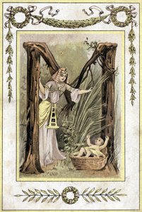 Carta representando a una madre egipcia encontrando a un niño abandonado (Moisés salvado de las aguas), finales del siglo XIX de French School