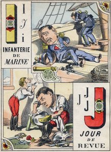 Letras I y J: Infantería de Marina y Día de Revisión. Grabado en "Alfabeto Militar Cómico". Quinta serie. Imagen de Epinal, finales del siglo XIX de French School