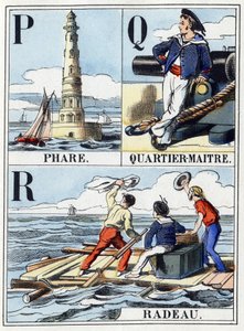 Letras P como faro, Q como jefe de barrio, R como balsa. Abecedario naval de 16 páginas que contiene un alfabeto en letras mayúsculas. Imagen de Epinal, finales del siglo XIX. Grabados en madera con esténcil. Dim: 21x14,5cm de French School