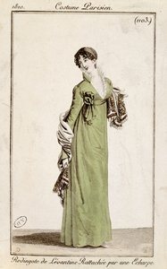 Levantina con abrigo abrochado con una bufanda, lámina de moda de Costume Parisien, 1810 de French School