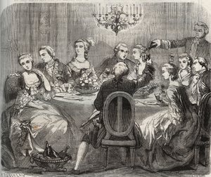 Libertinaje: Christian VII (1749-1808), Rey de Dinamarca y Noruega, durante una fiesta libertina organizada por la bailarina Marie Madeleine Guimard (1743-1816) en su casa de Pantin. Grabado de 1871 en “Histoire Des Cocuses Celebres” de Henry de Kock de French School
