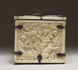 Tapa de un cofre que representa el "Castillo del Amor y Caballeros Justando", c.1330-50