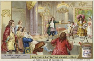 Tarjeta Liebig con teatro francés durante el reinado de Luis XIV de French School